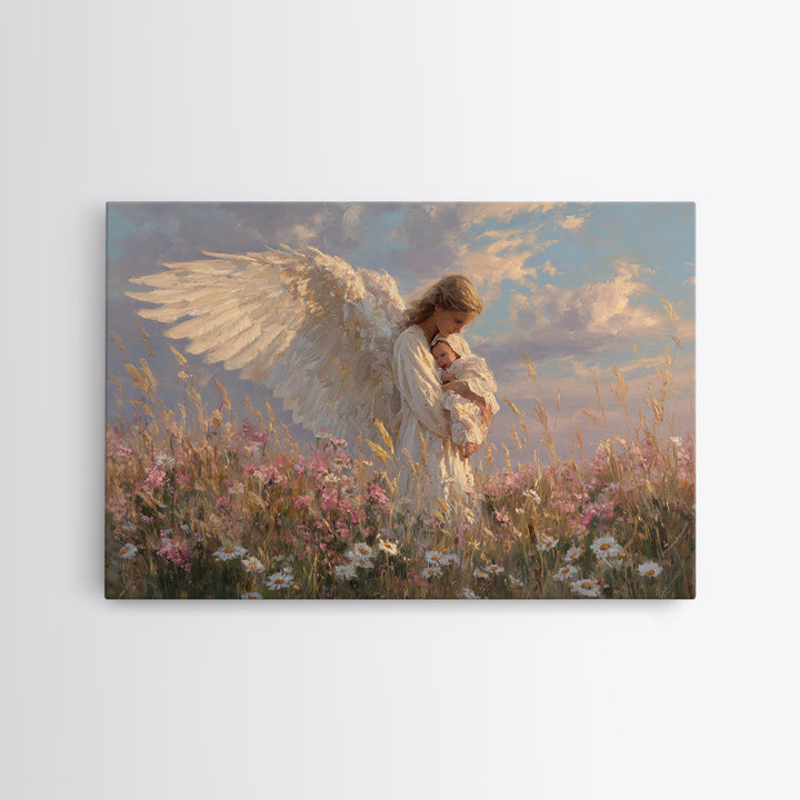 Guardian Angel Holding Baby In Wildflower Meadow Wall Art, Spiritual Nursery Decor, Christian Art Print, Baptism Gift For Her