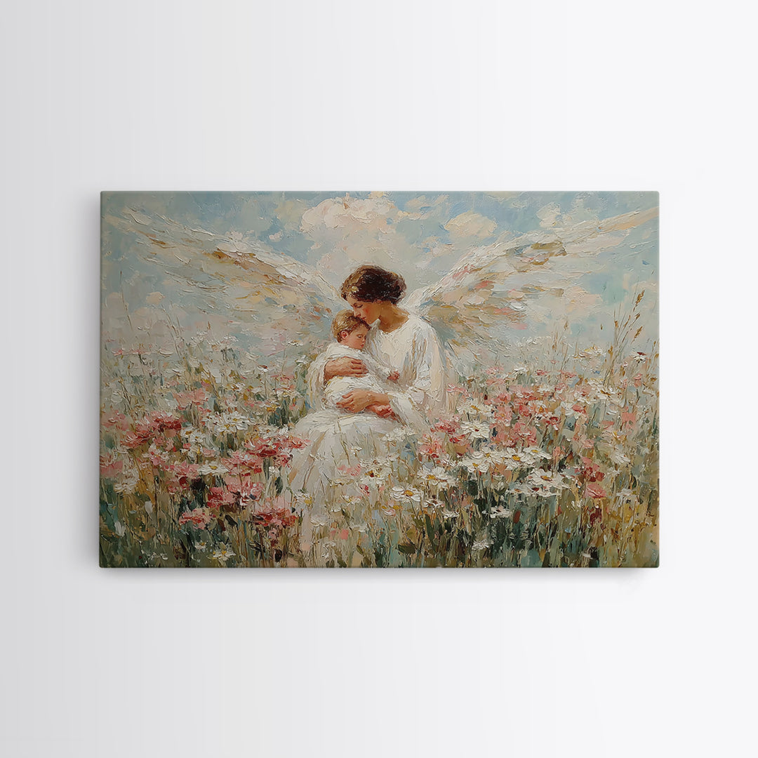 Guardian Angel Holding Baby In Wildflower Meadow Wall Art, Christian Nursery Decor, Motherhood Gift, Floral Canvas Print
