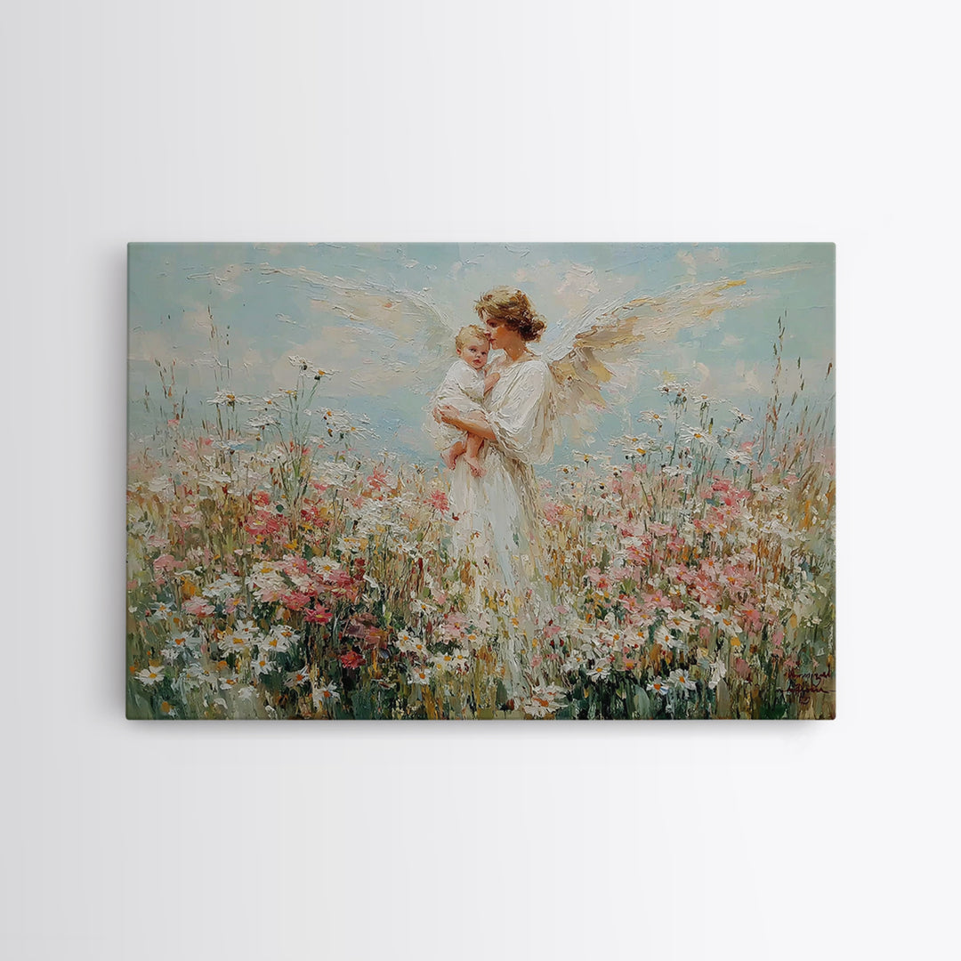 Angel Mother And Baby In Daisy Meadow Canvas Print, Christian Nursery Wall Art, Floral Home Decor, Mothers Day Gift For Mom