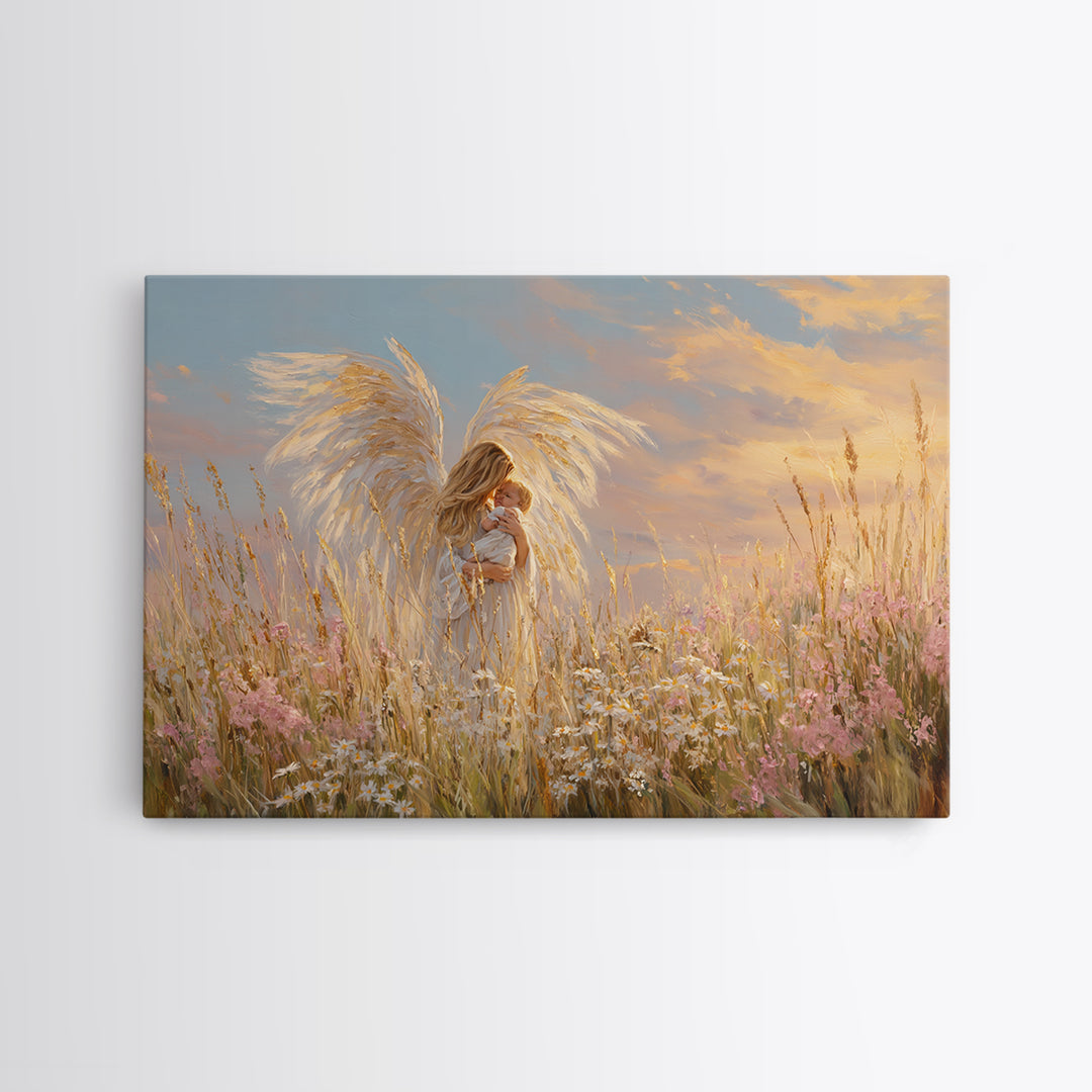 Golden Winged Angel With Baby At Sunset Framed Canvas Print, Christian Wall Art, Nursery Decor, Spiritual Gift For Mother