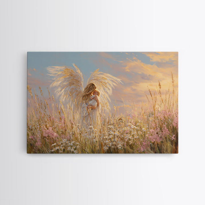 Golden Winged Angel With Baby At Sunset Framed Canvas Print, Christian Wall Art, Nursery Decor, Spiritual Gift For Mother