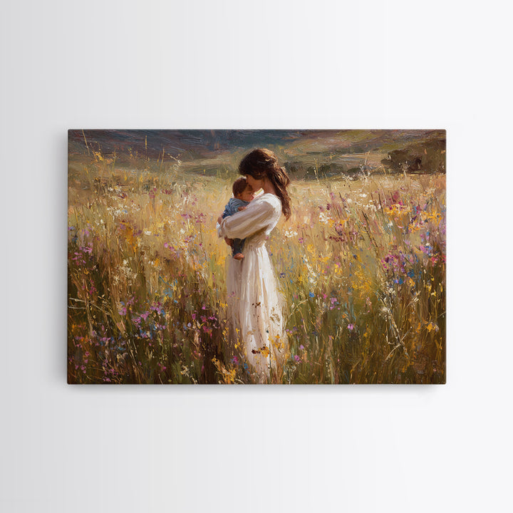 Mother Cradling Newborn In Sunlit Wildflowers Wall Art, Impressionist Oil Painting, Floral Nursery Decor, Gift For New Mom