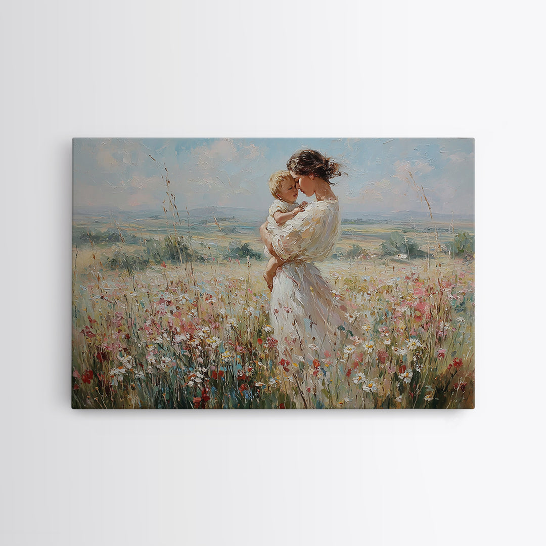 Mother And Child In Breezy Wildflower Field Canvas Print, Impressionist Wall Art, Nursery Decor, Baby Shower Gift For Mom