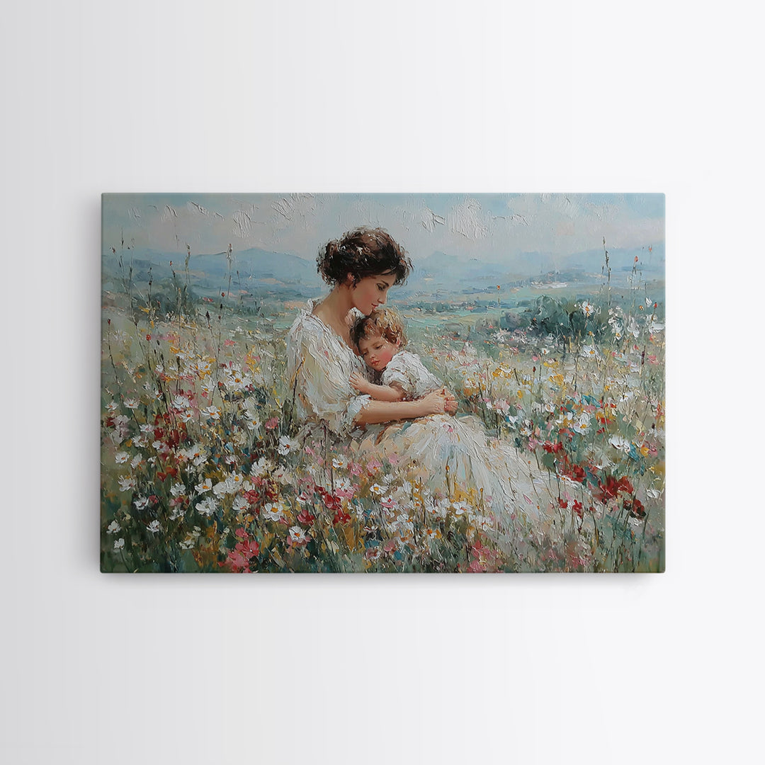Seated Mother And Child Among Daisies Framed Canvas Print, Impressionist Wall Art, Floral Nursery Decor, Gift For New Mom