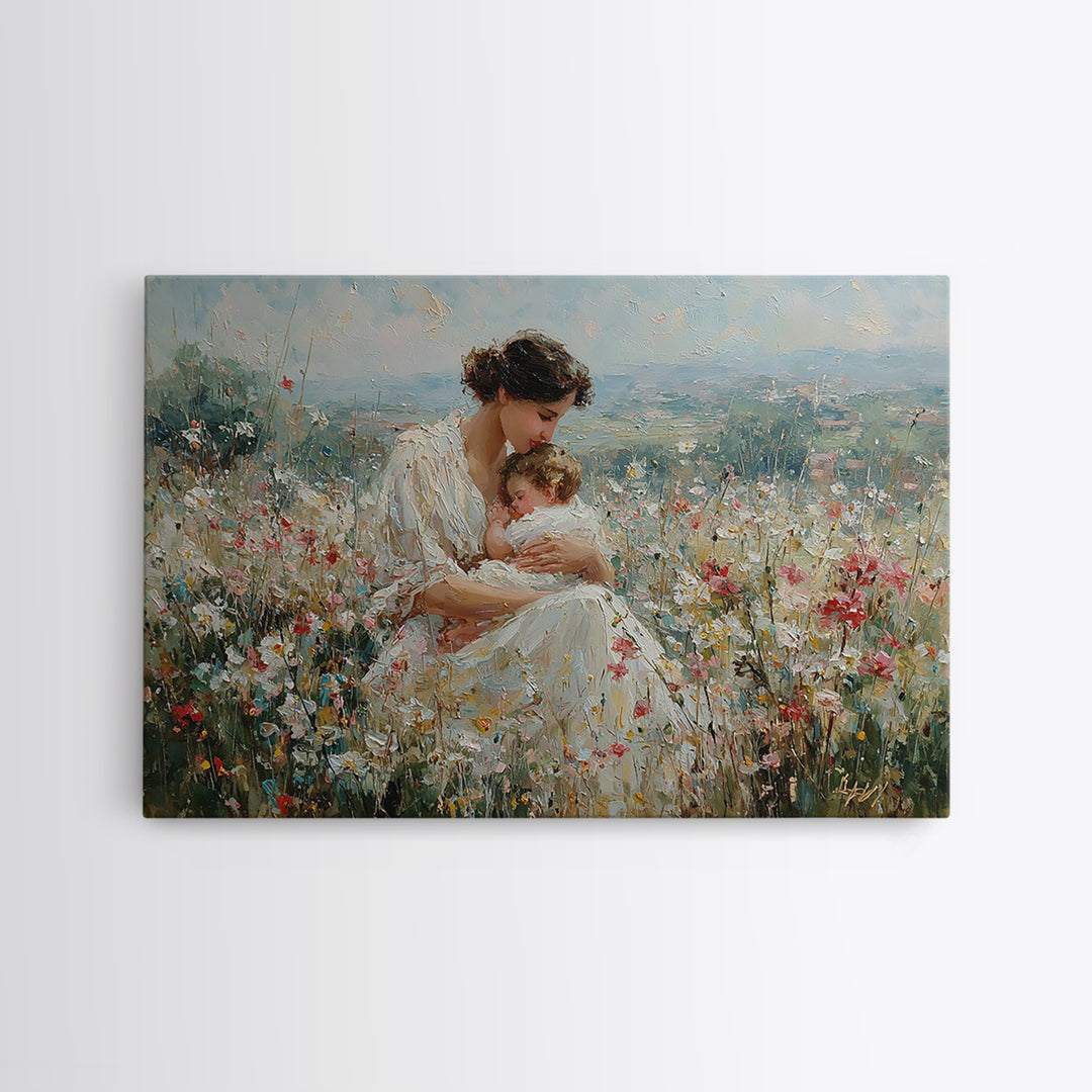 Mother Nursing Baby In Wildflower Meadow Wall Art, Impressionist Oil Painting, Christian Nursery Decor, Gift For New Mom