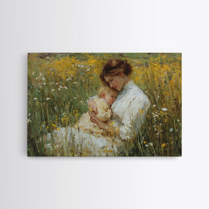 Mother And Sleeping Child In Yellow Wildflowers Canvas Print, Impressionist Wall Art, Floral Nursery Decor, Gift For Mom