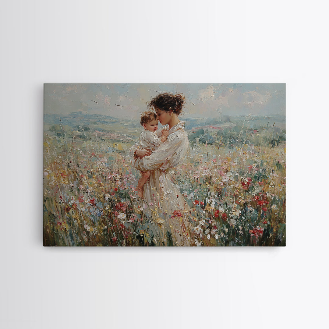 Mother Holding Baby In Mountain Wildflower Field Wall Art, Impressionist Canvas Print, Nursery Decor, Mothers Day Gift For Mom