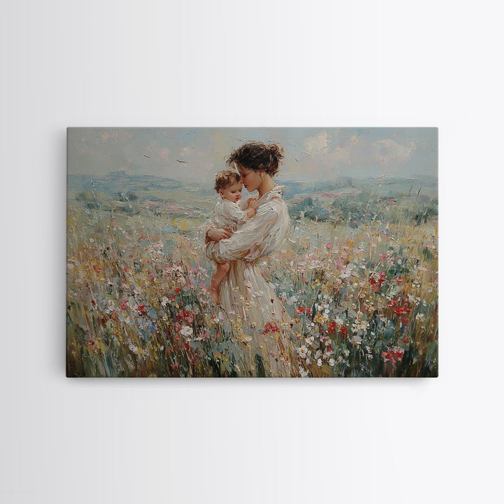 Mother Holding Baby In Mountain Wildflower Field Wall Art, Impressionist Canvas Print, Nursery Decor, Mothers Day Gift For Mom