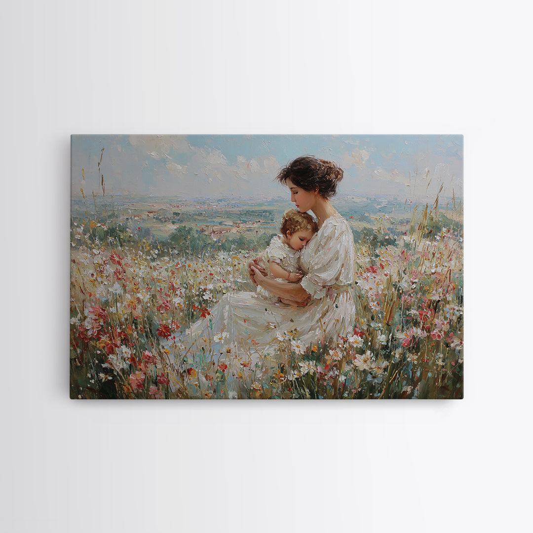 Seated Mother And Baby In Hilltop Wildflowers Canvas Print, Impressionist Landscape Art, Nursery Decor, Motherhood Gift For Her