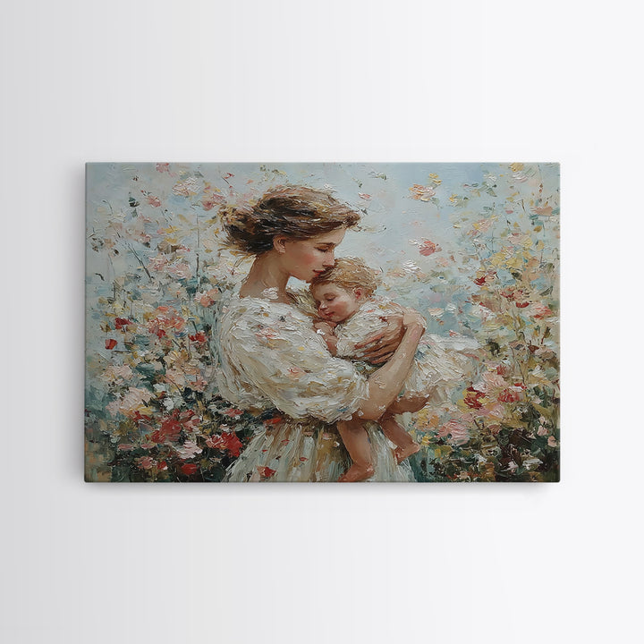 Tender Mother And Sleeping Baby In Floral Breeze Framed Canvas Print, Impressionist Wall Art, Nursery Decor, Gift For Mom