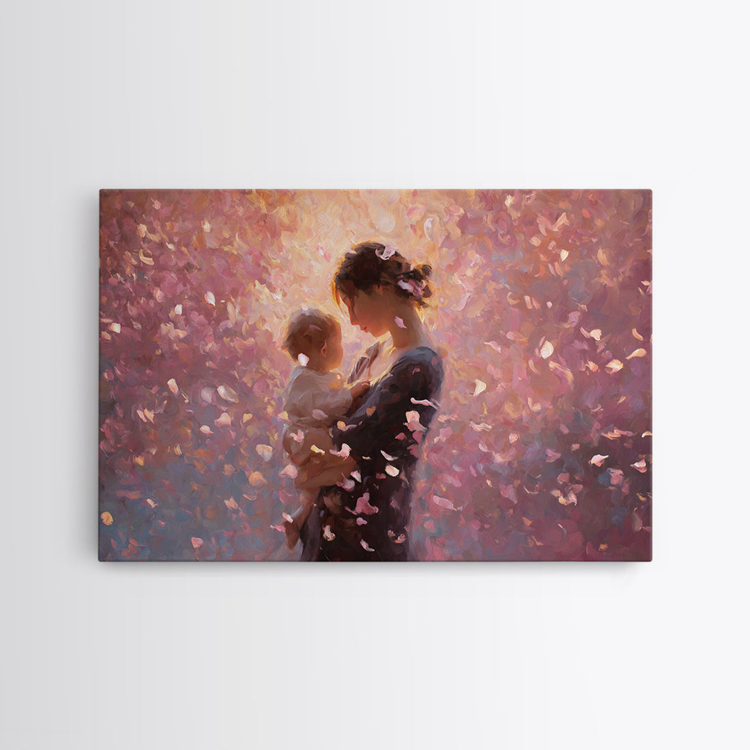 Backlit Mother And Baby In Blush Petals Wall Art, Romantic Impressionist Canvas, Feminine Nursery Decor, Gift For Her, Home Decor