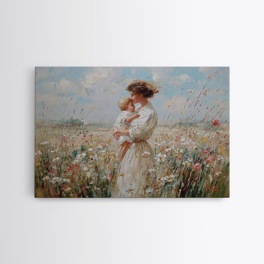 Mother Kissing Baby In Sunny Wildflower Field Wall Art, Impressionist Floral Canvas Print, Nursery Decor, Gift For Mom, Home Decor