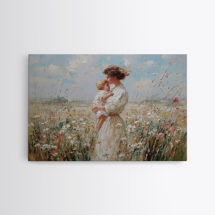 Mother Kissing Baby In Sunny Wildflower Field Wall Art, Impressionist Floral Canvas Print, Nursery Decor, Gift For Mom, Home Decor