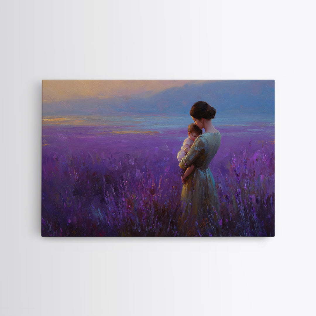 Mother And Baby In Lavender Sunset Field Wall Art, Impressionist Landscape Canvas Print, Purple Bedroom Decor, Gift For Her