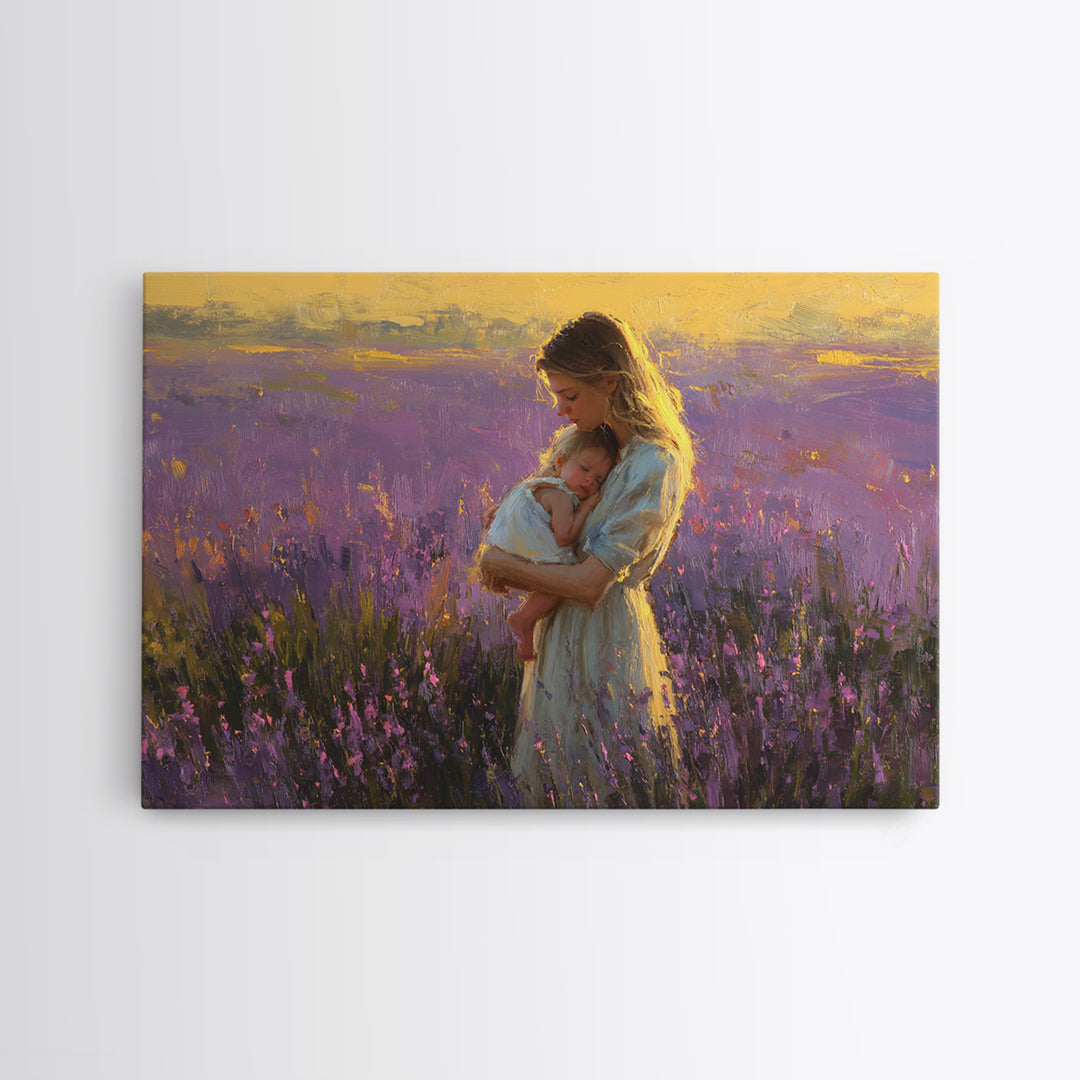 Mother And Baby In Lavender Sunset Wall Art, Impressionist Oil Painting Print, Feminine Nursery Decor, Gift For Mom, Mothers Day Gift