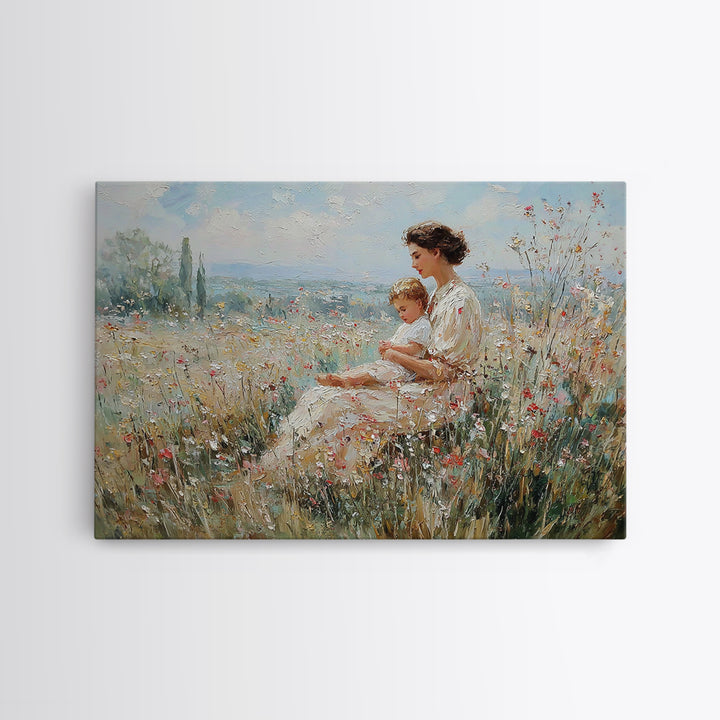 Mother And Child In Wildflower Meadow Canvas Print, Impressionist Landscape Art, Soft Nursery Decor, Gift For Mom, Fine Art