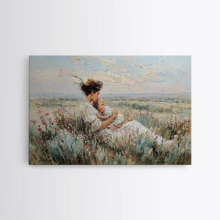 Mother Cradling Baby In Wildflower Meadow Wall Art, Impressionist Oil Painting Print, Nursery Wall Decor, Gift For Mom, Mothers Day Gift
