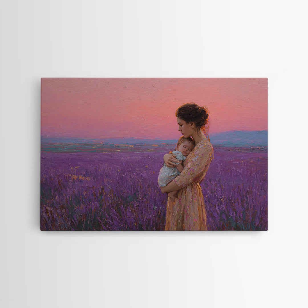Mother And Baby In Pink Lavender Field Framed Canvas Print, Romantic Nursery Wall Art, Impressionist Landscape, Gift For Mom