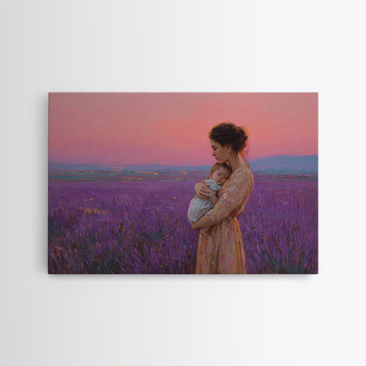 Mother And Baby In Pink Lavender Field Framed Canvas Print, Romantic Nursery Wall Art, Impressionist Landscape, Gift For Mom
