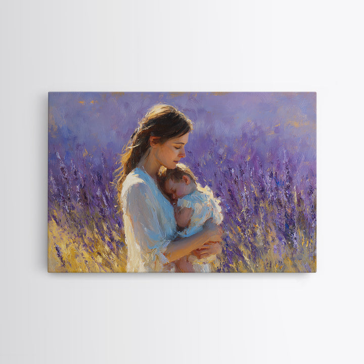 Tender Mother And Sleeping Baby Lavender Wall Art, Impressionist Oil Painting Print, Feminine Nursery Decor, Gift For Mom
