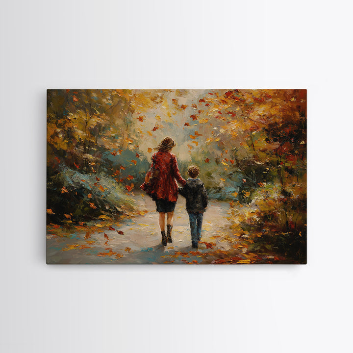 Mother And Son Walking Through Autumn Park Canvas Print, Impressionist Fall Landscape Wall Art, Cozy Home Decor, Gift For Mom