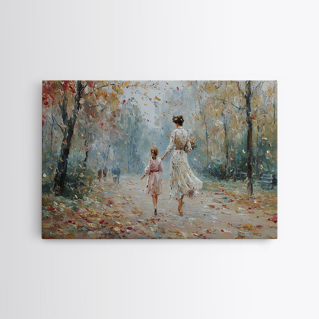Mother And Daughter Strolling In Spring Park Wall Art, Impressionist Oil Painting Print, Feminine Home Decor, Gift For Mom