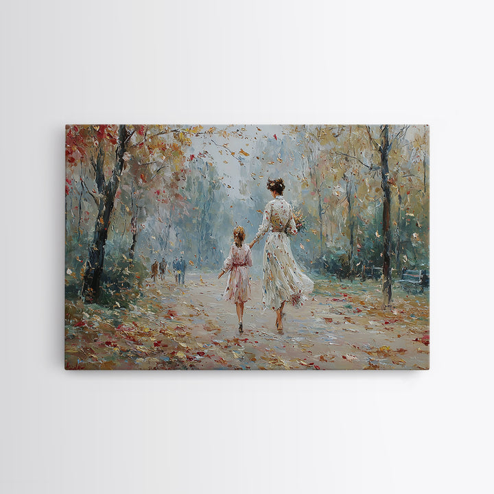 Mother And Daughter Strolling In Spring Park Wall Art, Impressionist Oil Painting Print, Feminine Home Decor, Gift For Mom
