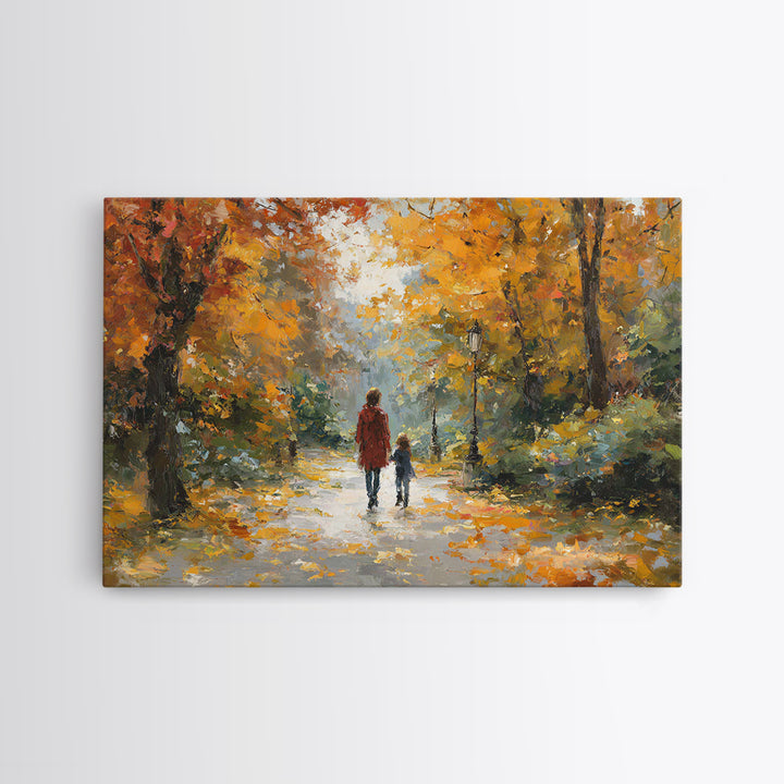 Mother And Child In Golden Autumn Park Framed Canvas Print, Impressionist Fall Landscape Wall Art, Cozy Living Room Decor