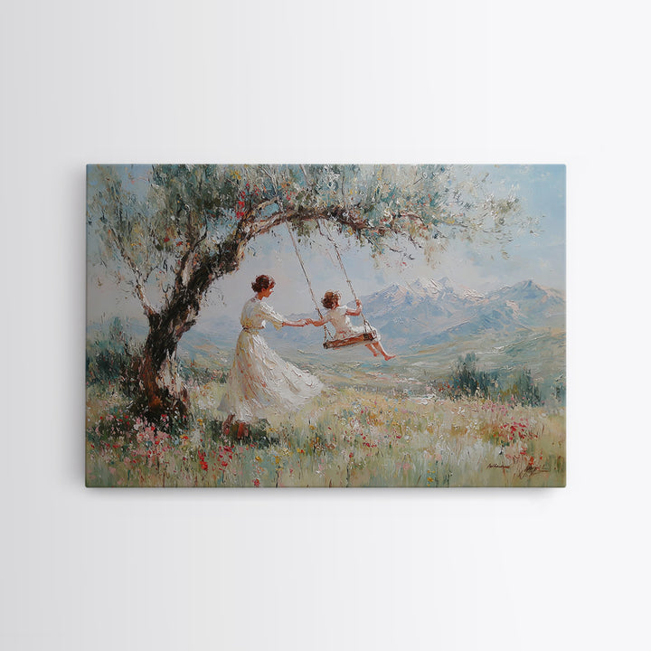Mother Pushing Child On Meadow Swing Wall Art, Mountain Landscape Oil Painting Print, Whimsical Nursery Decor, Gift For Mom
