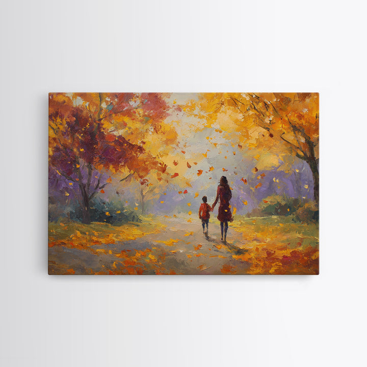 Mother And Child Under Golden Autumn Trees Canvas Print, Impressionist Fall Landscape Wall Art, Cozy Home Decor, Gift For Mom