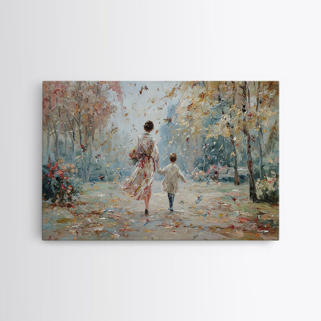 Mother And Child Autumn Park Walk Wall Art, Impressionist Painting Print, Feminine Living Room Decor, Housewarming Gift For Her