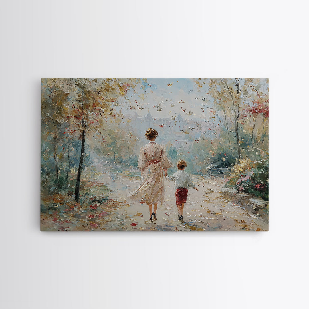 Mother And Son Garden Stroll Canvas Print, Impressionist Landscape Painting, Feminine Living Room Wall Decor, Gift For Mom