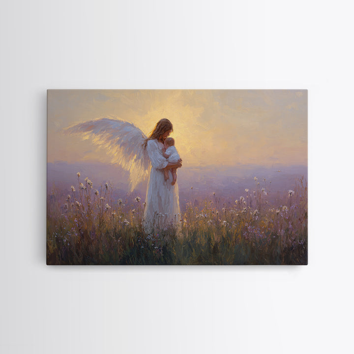 Guardian Angel Holding Baby Framed Canvas Print, Golden Meadow Oil Painting, Spiritual Nursery Decor, Christian Gift For Mom