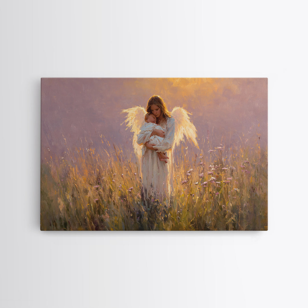 Angel Mother Cradling Newborn Canvas Print, Glowing Wildflower Oil Painting, Christian Nursery Wall Decor, Gift For New Mom