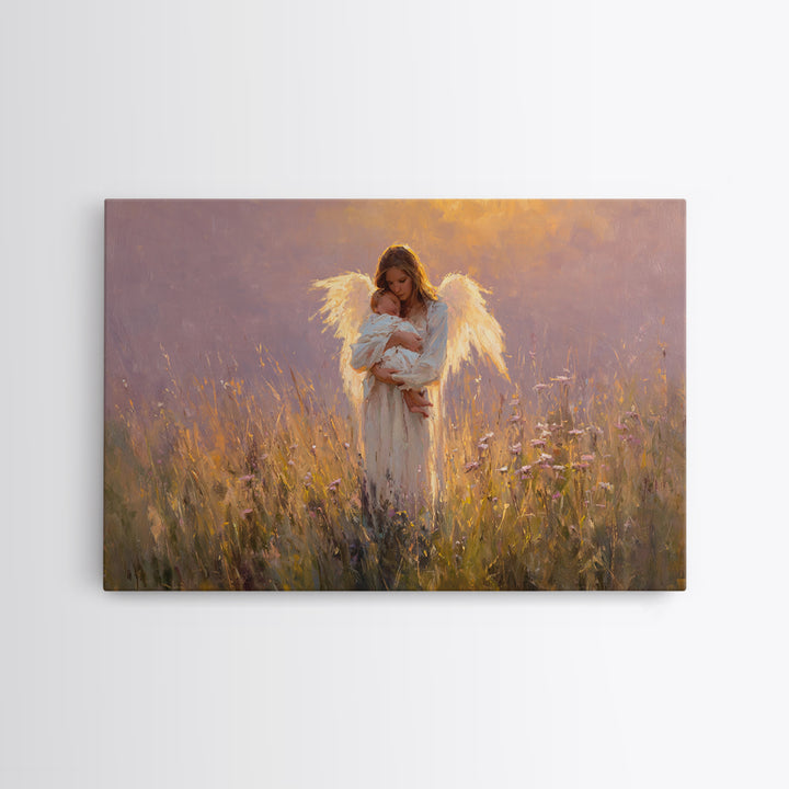 Angel Mother Cradling Newborn Canvas Print, Glowing Wildflower Oil Painting, Christian Nursery Wall Decor, Gift For New Mom