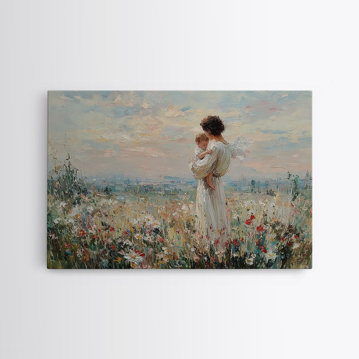 Angel Mother With Baby Wildflower Wall Art, Pastel Meadow Oil Painting Print, Spiritual Nursery Decor, Christian Gift For Mom