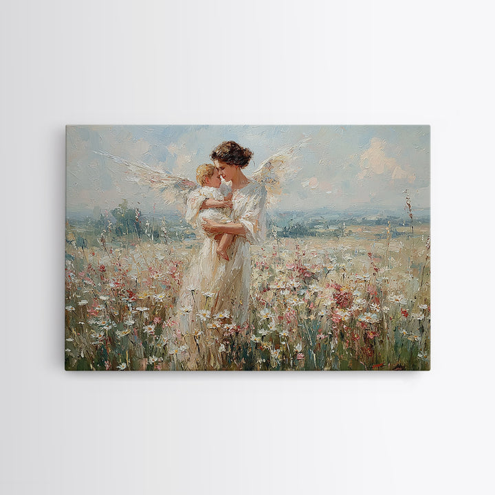 Angel Mother Kissing Baby Canvas Print, Bright Wildflower Meadow Painting, Spiritual Wall Decor, Nursery Art Gift For Mom