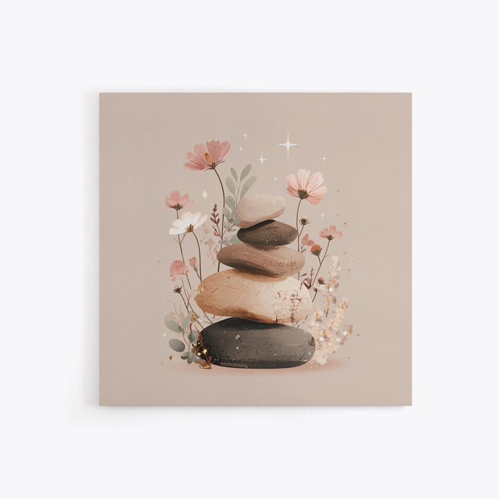 Stacked Zen Stones With Blush Flowers Wall Art, Neutral Spa Decor Canvas, Botanical Bathroom Print, Mindfulness Gift, Home Decor