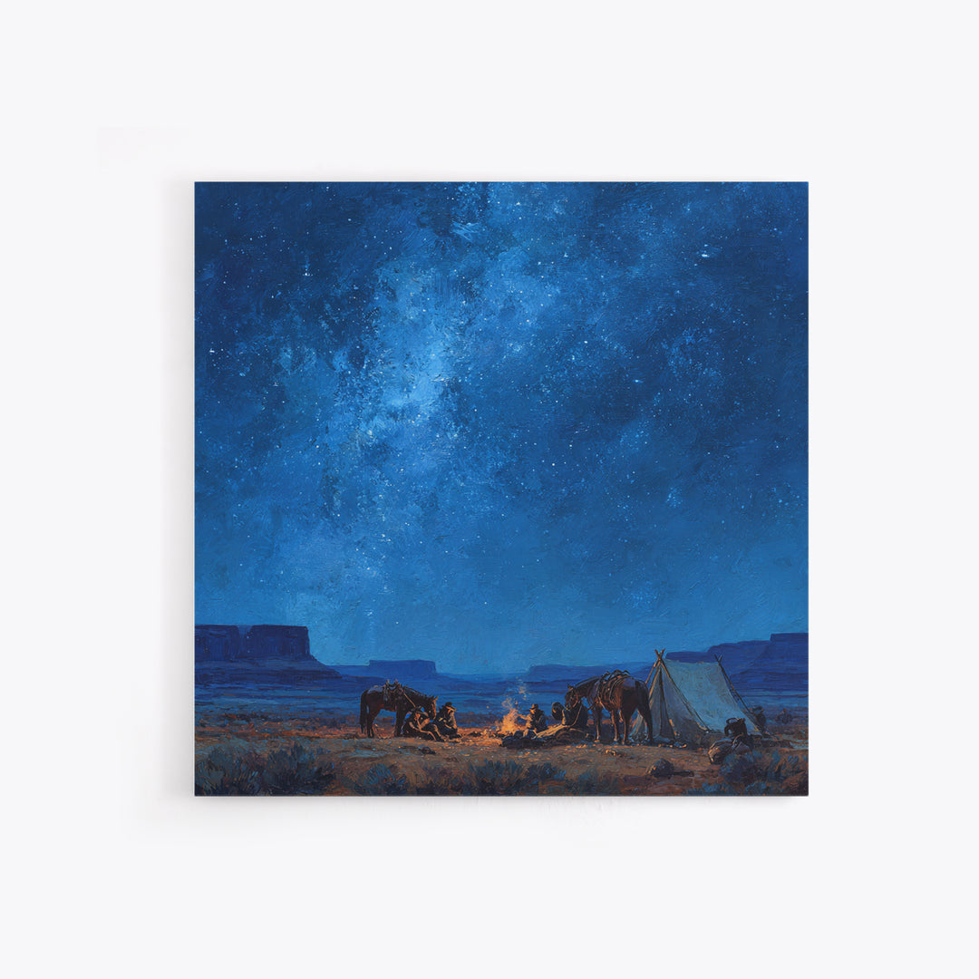 Cowboys Around Campfire Under Milky Way Wall Art, Western Night Desert Painting Print, Rustic Cabin Decor Living Room Art