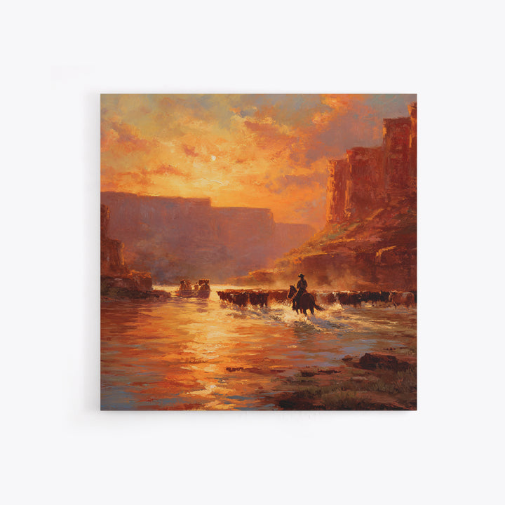 Cowboy Cattle Drive Sunset River Western Landscape Wall Art Canvas Print Rustic Home Decor Living Room Western Wall Art