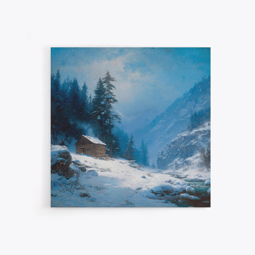 Cozy Winter Cabin In Snowy Mountain Valley Wall Art Print, Rustic Landscape Home Decor, Calming Nature Canvas Print