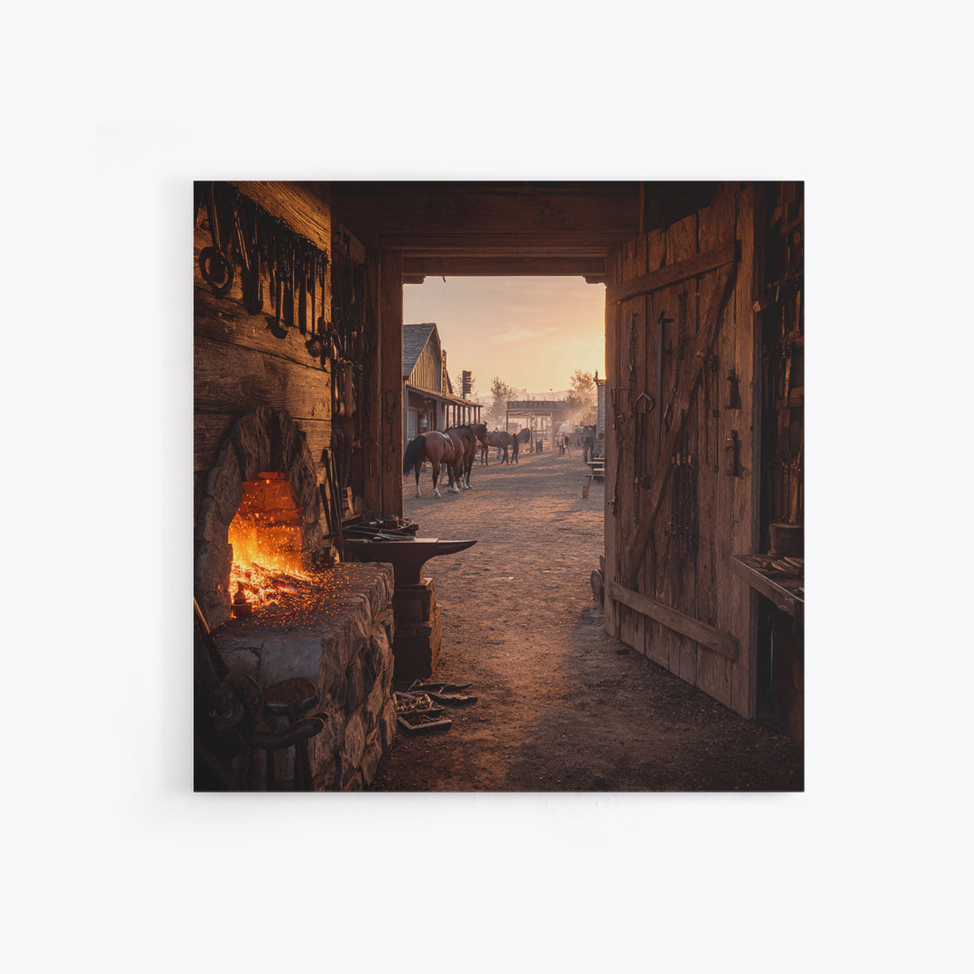 Cozy Old West Blacksmith Shop At Sunset Wall Art For Rustic Farmhouse Decor, Western Town Framed Canvas Print