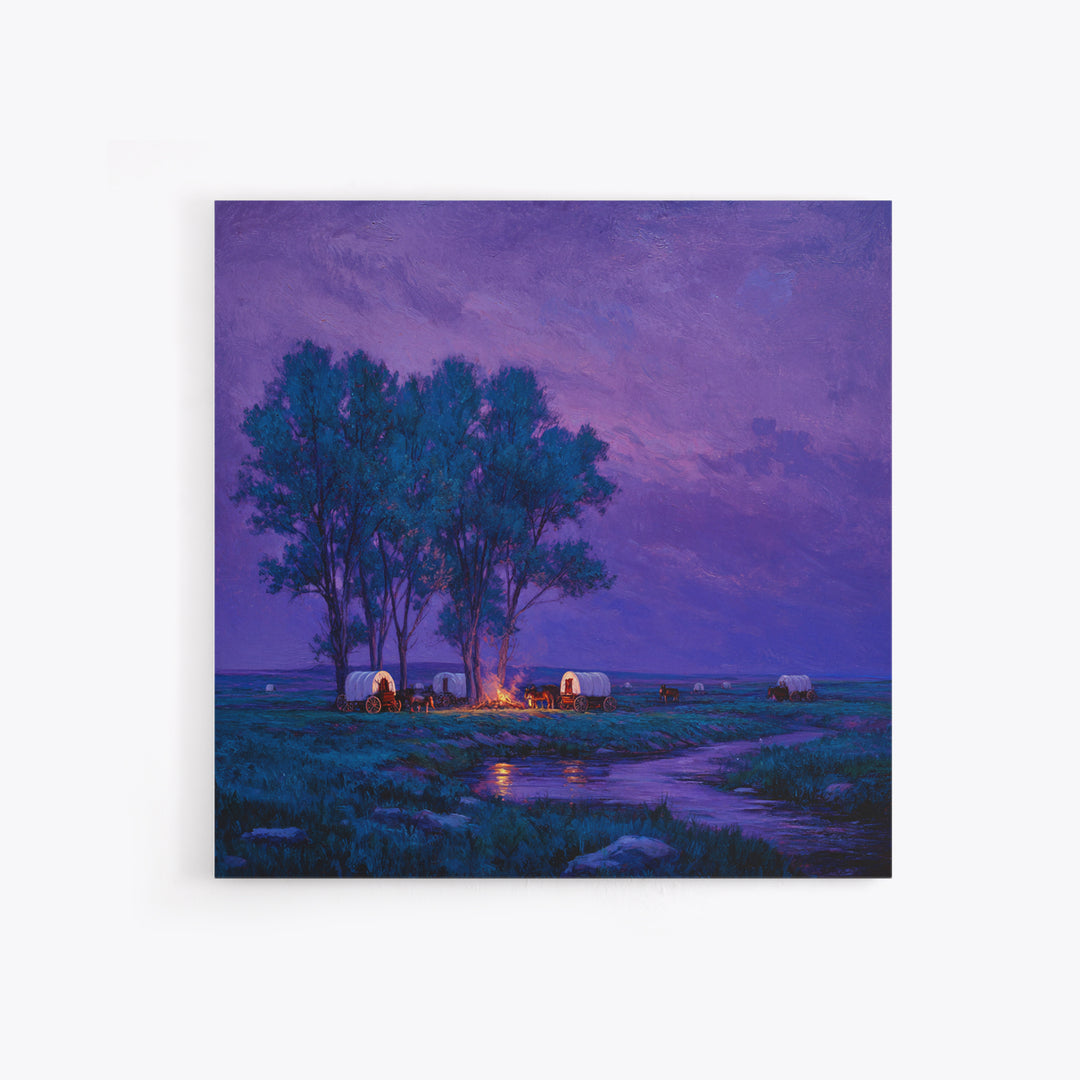 Purple Prairie Campfire Wagons Wall Art, Western Night Landscape Painting, Cozy Cabin Country Decor, Canvas Print