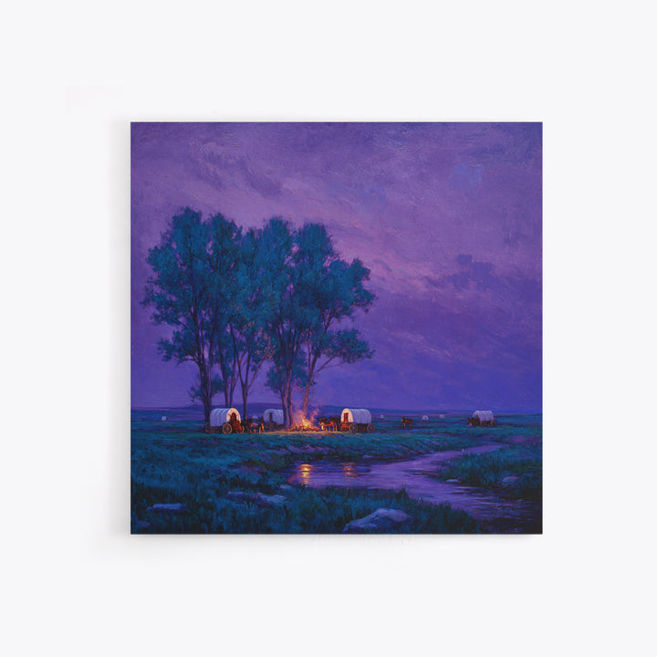 Purple Prairie Campfire Wagons Wall Art, Western Night Landscape Painting, Cozy Cabin Country Decor, Canvas Print