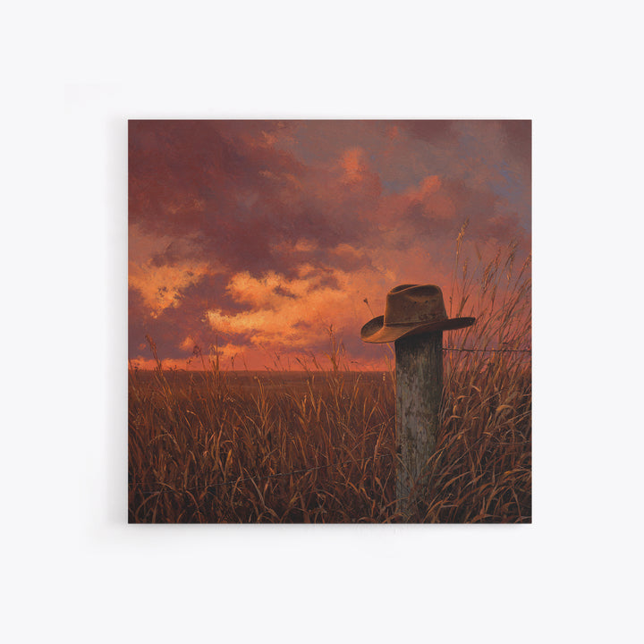Western Cowboy Hat Sunset Field Wall Art Rustic Landscape Canvas Print Country Home Decor Farmhouse Painting Living Room Art