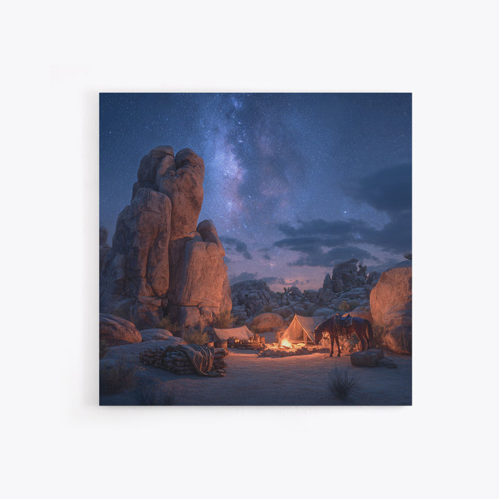 Starry Desert Campfire Wall Art, Western Night Landscape Framed Canvas Print, Cowboy Camping Art, Rustic Cabin Decor