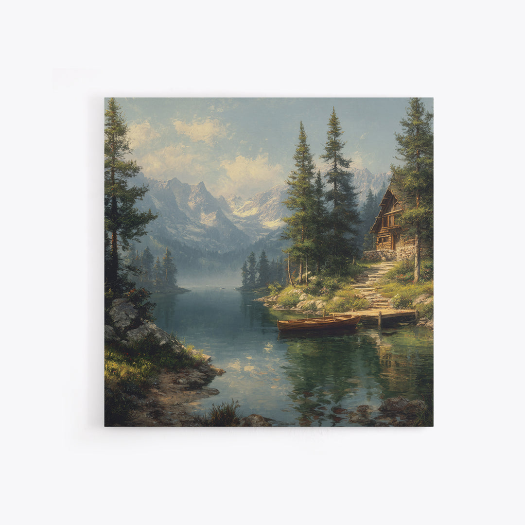 Mountain Lake Cabin Landscape Wall Art Canvas Print, Rustic Country Home Decor, Large Landscape Art, Living Room Wall Decor