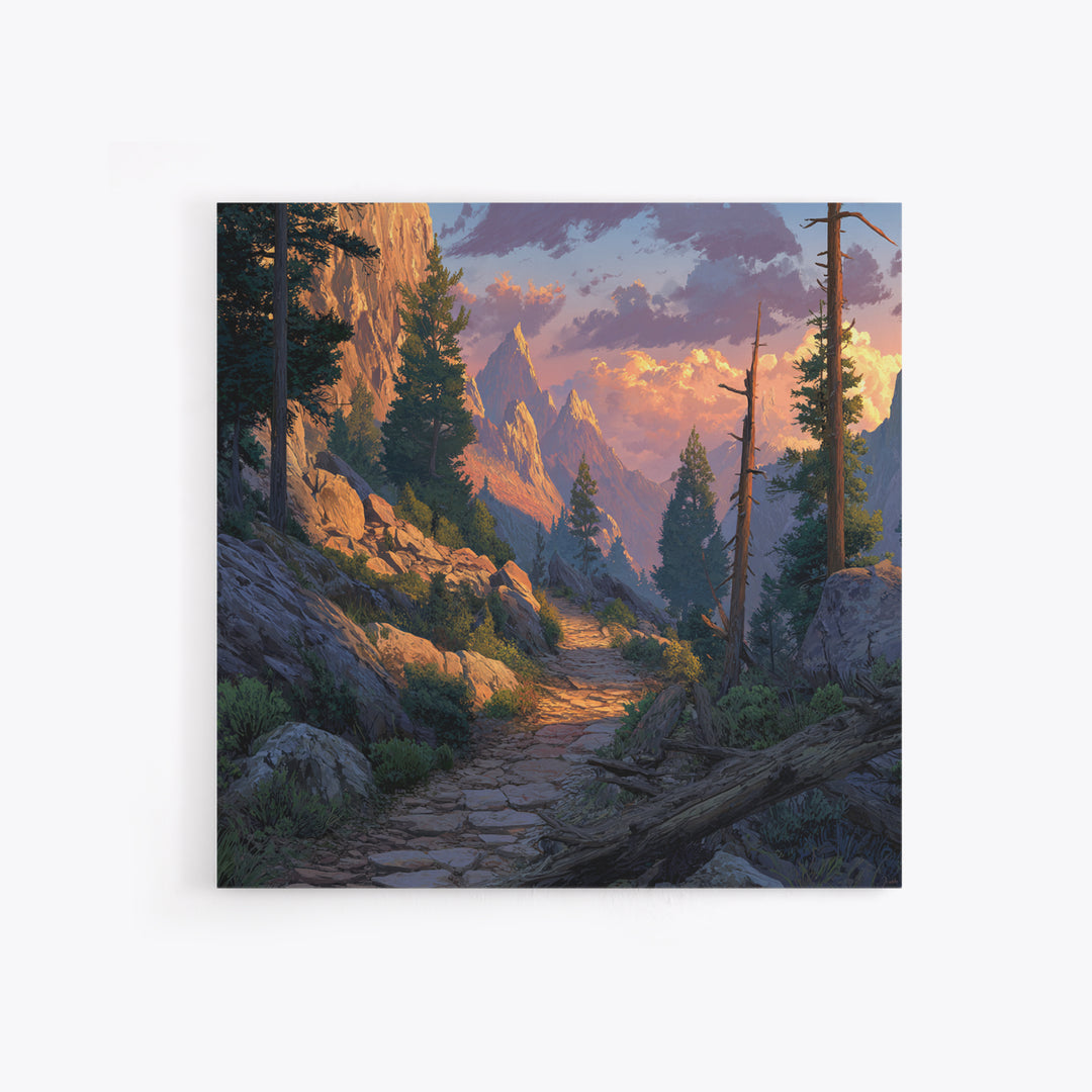 Mountain Trail At Sunset Landscape Wall Art, Scenic Hiking Path Canvas Print, Rustic Nature Home Decor For Living Room
