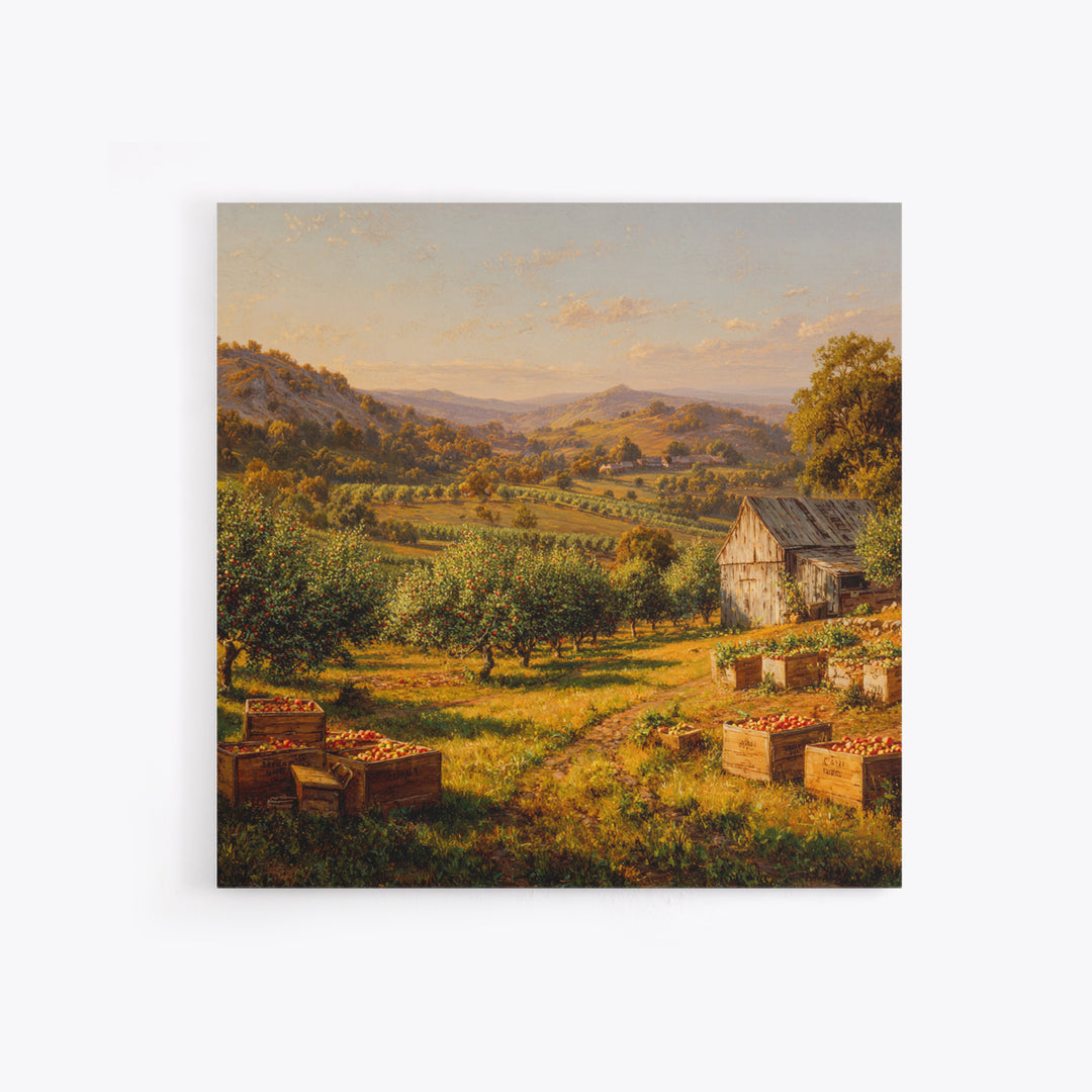 Golden Orchard Valley Landscape Painting Wall Art, Rustic Farm Harvest Print, Country Kitchen And Dining Room Decor