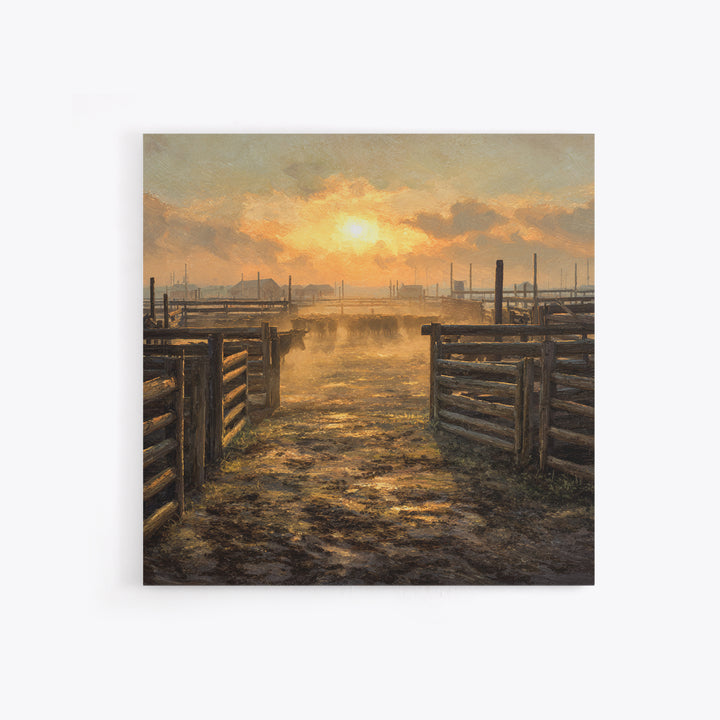 Rustic Cattle Pens Sunrise Oil Painting Wall Art, Western Farmhouse Landscape Print For Country Kitchen Or Living Room Decor